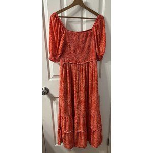 Betsey Johnson Orange Red Palms of Paradise Smocked Maxi Dress Size M Ruffle